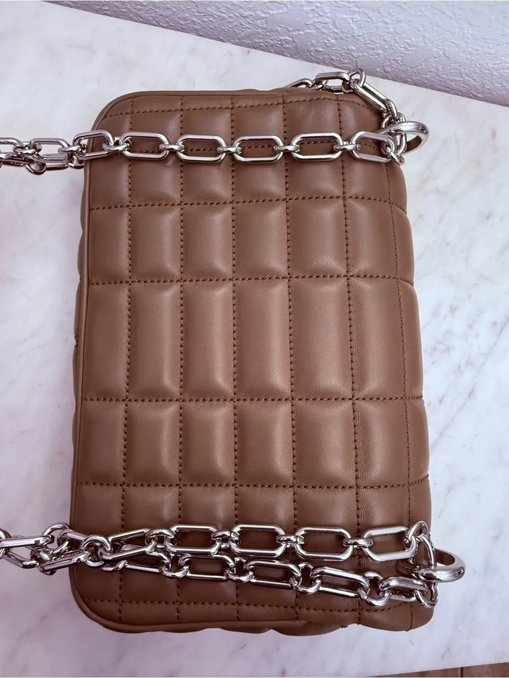 Michael Kors Quilted Shoulder Bag in Taupe Brown with Silver Hardware